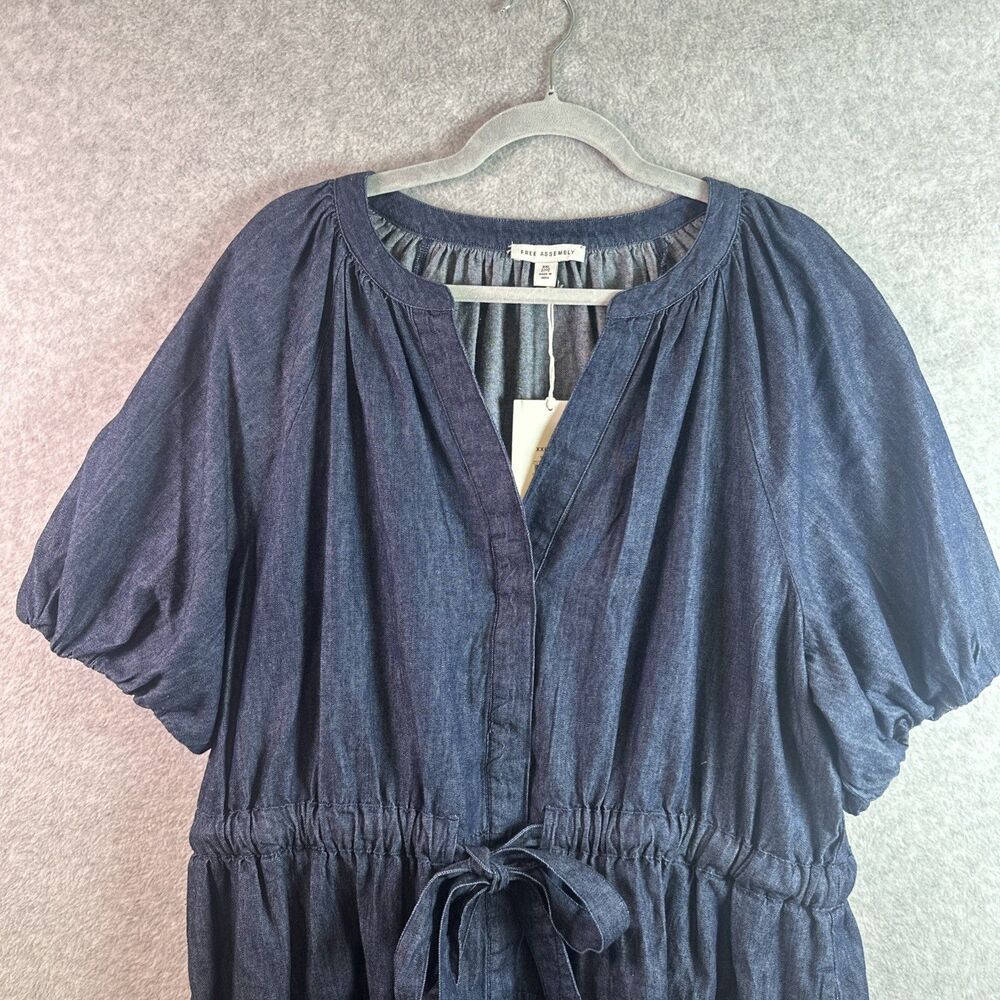 NEW Free Assembly Plus Size 2X Peplum Denim Bell Sleeve Dress Tie Front Elastic - Picture 2 of 9